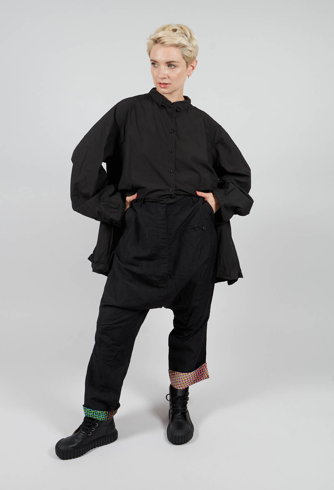 Drop Crotch Trousers with Contrasting Turn-Up in Black Mel - 2630101