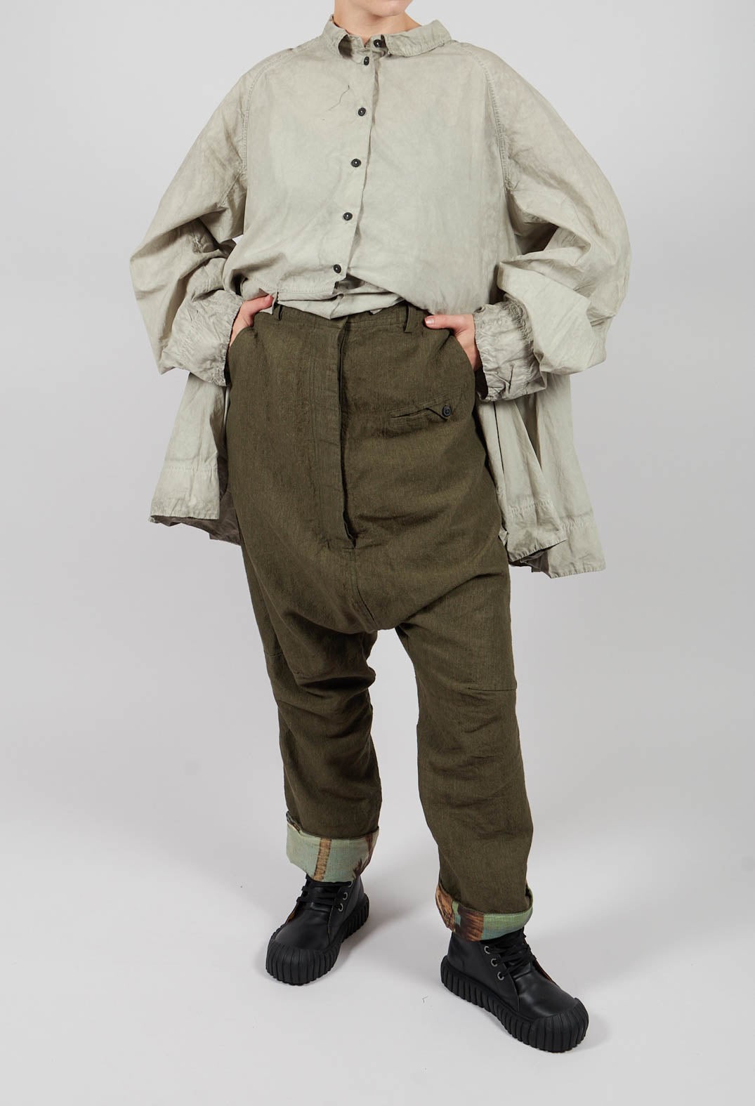 Drop Crotch Trousers with Contrasting Turn-Up in Light Pine - 2630101