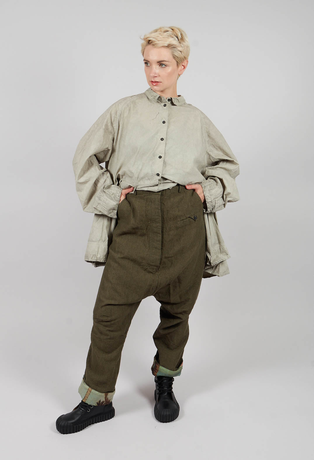 Drop Crotch Trousers with Contrasting Turn-Up in Light Pine - 2630101