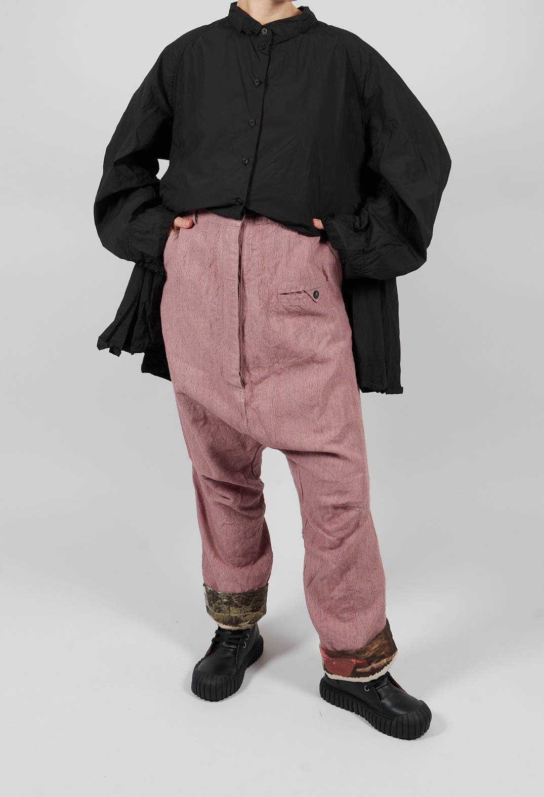 Drop Crotch Trousers with Contrasting Turn-Up in Light Flamingo - 2630101