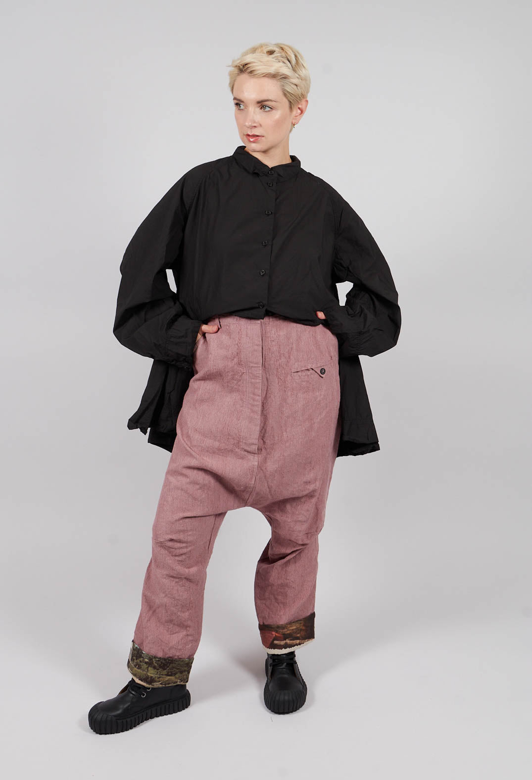 Drop Crotch Trousers with Contrasting Turn-Up in Light Flamingo - 2630101