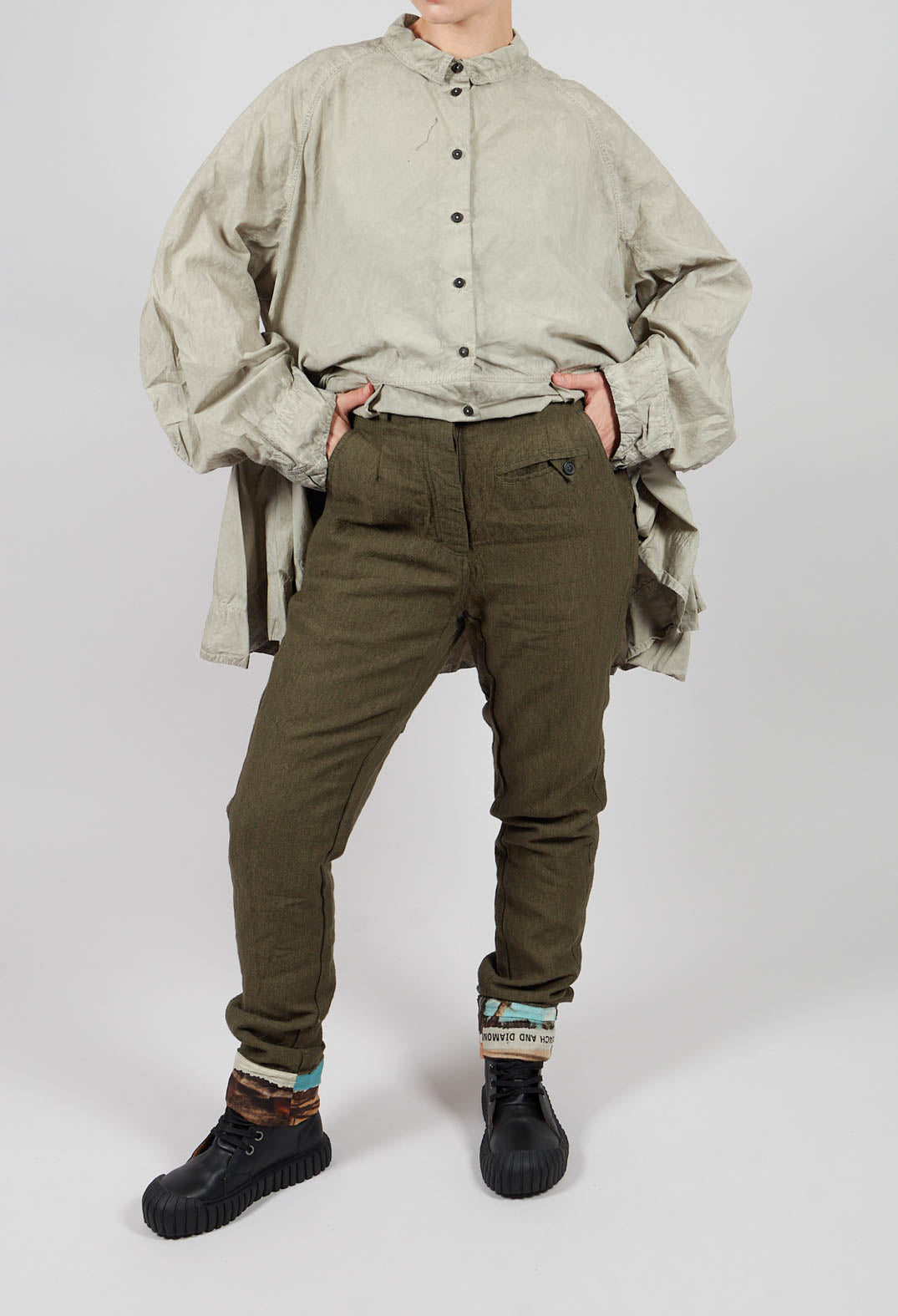 Slim Leg Trousers with Contrasting Turn-Up in Light Pine - 2630102