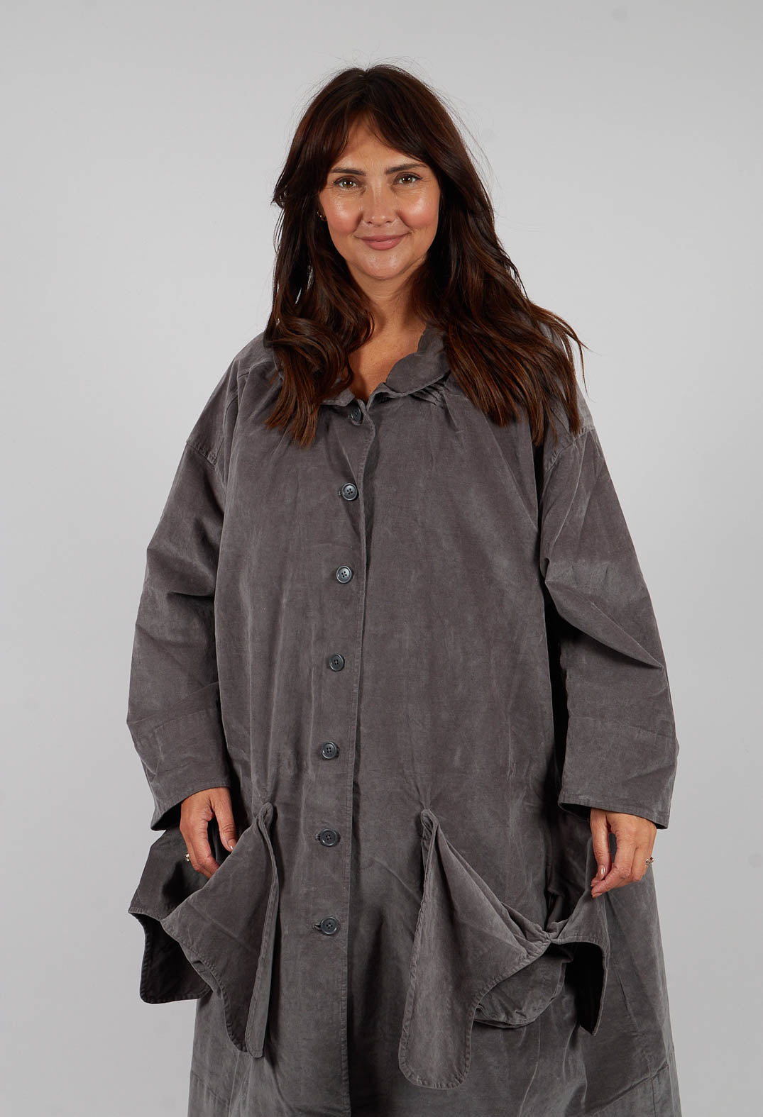 Velvet Oversized Coat with Feature Pockets in Dark Grey - 3231203