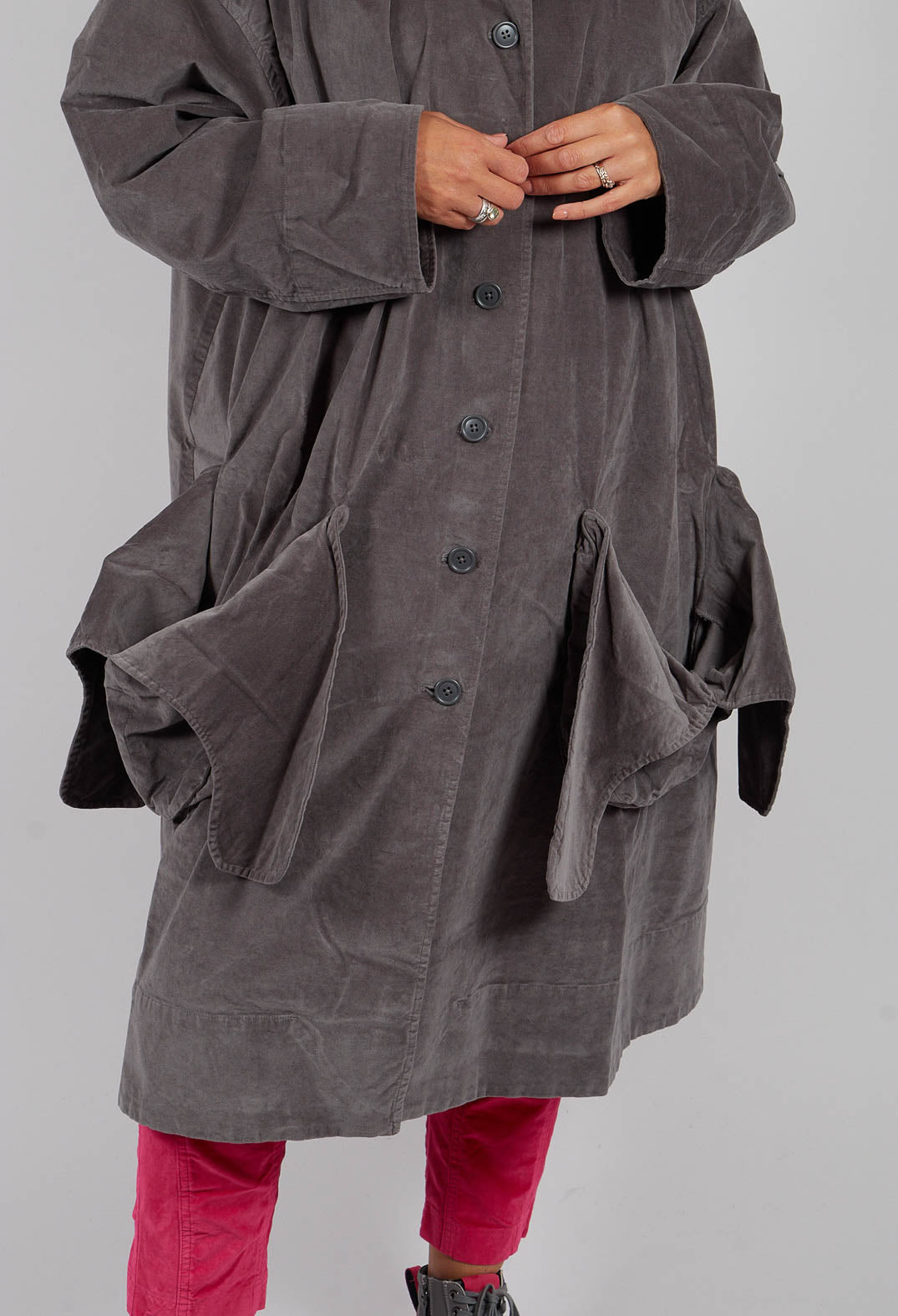 Velvet Oversized Coat with Feature Pockets in Dark Grey - 3231203
