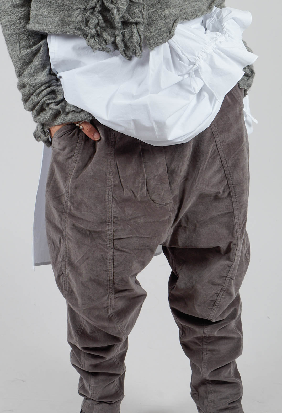 Velvet Drop Crotch Trousers in Dark Grey - 3230104