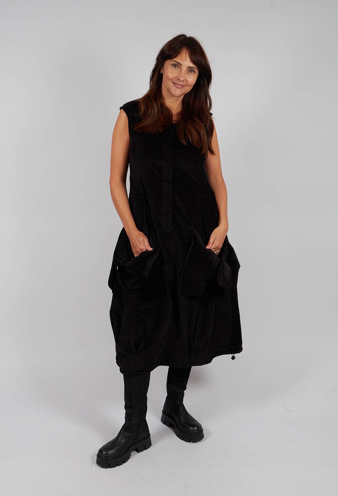 Velvet Dress with Feature Pockets in Black - 3230907