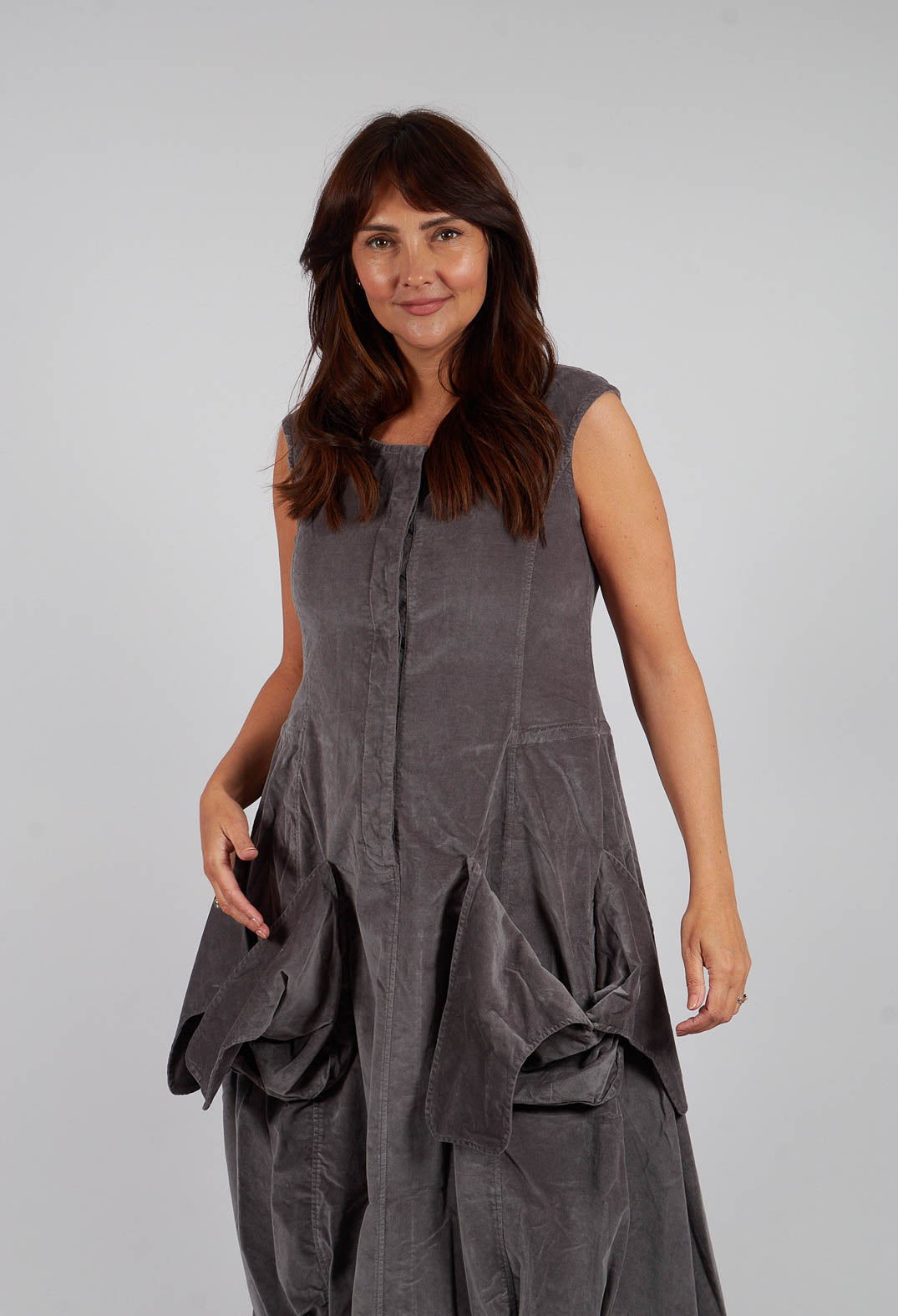 Velvet Dress with Feature Pockets in Dark Grey - 3230907