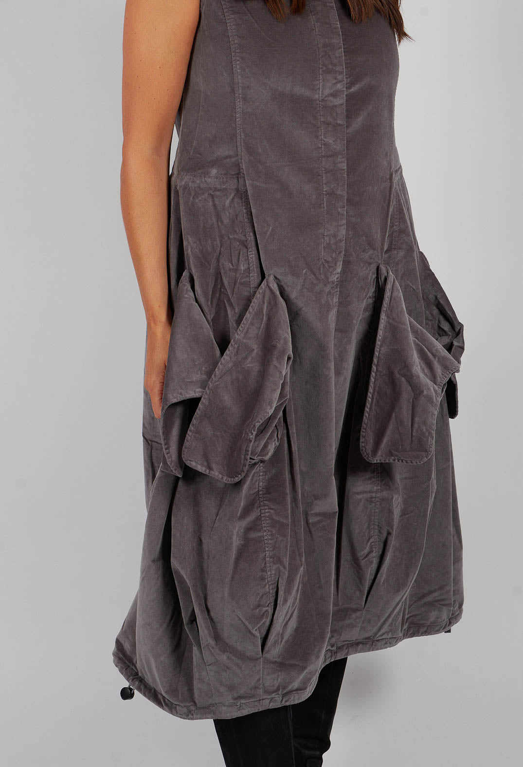 Velvet Dress with Feature Pockets in Dark Grey - 3230907