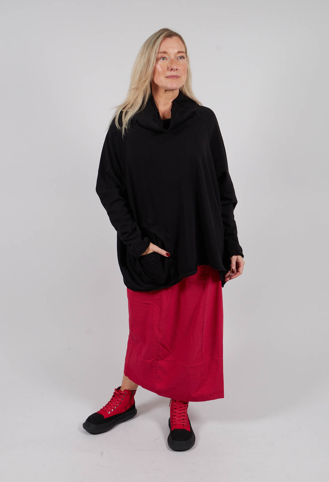Cowl Neck Top with Circular Pocket in Black - 3250505