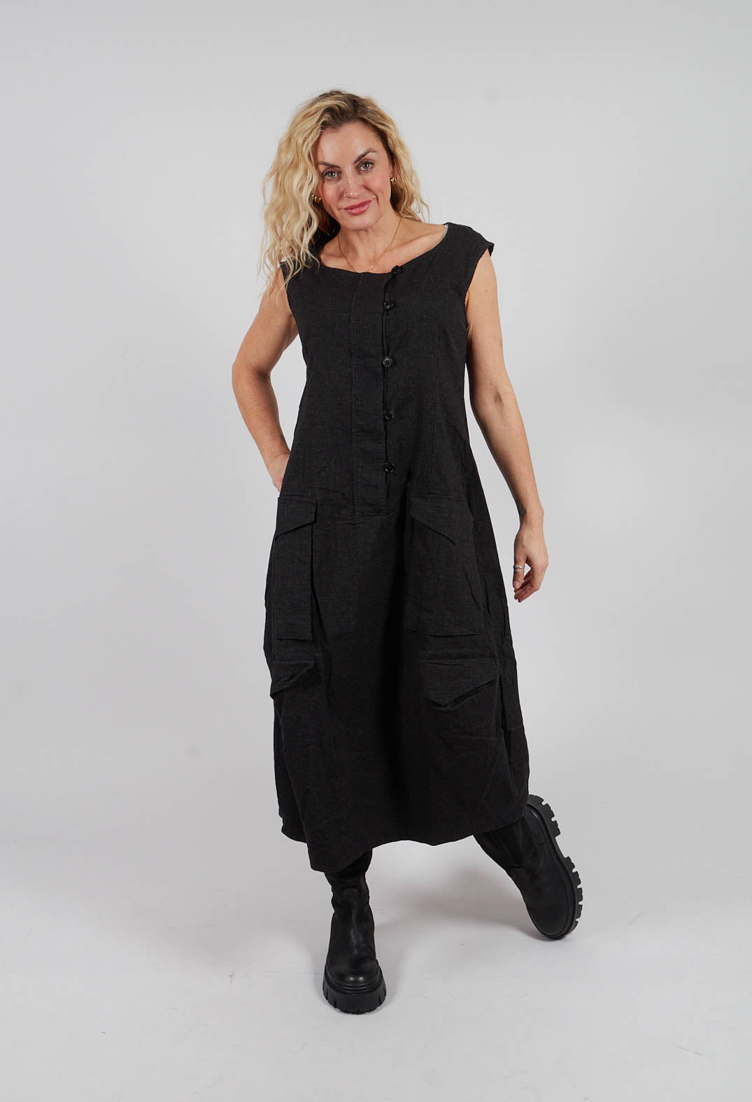 Sleeveless Tulip Hem Dress in Black Stripe - 3410903