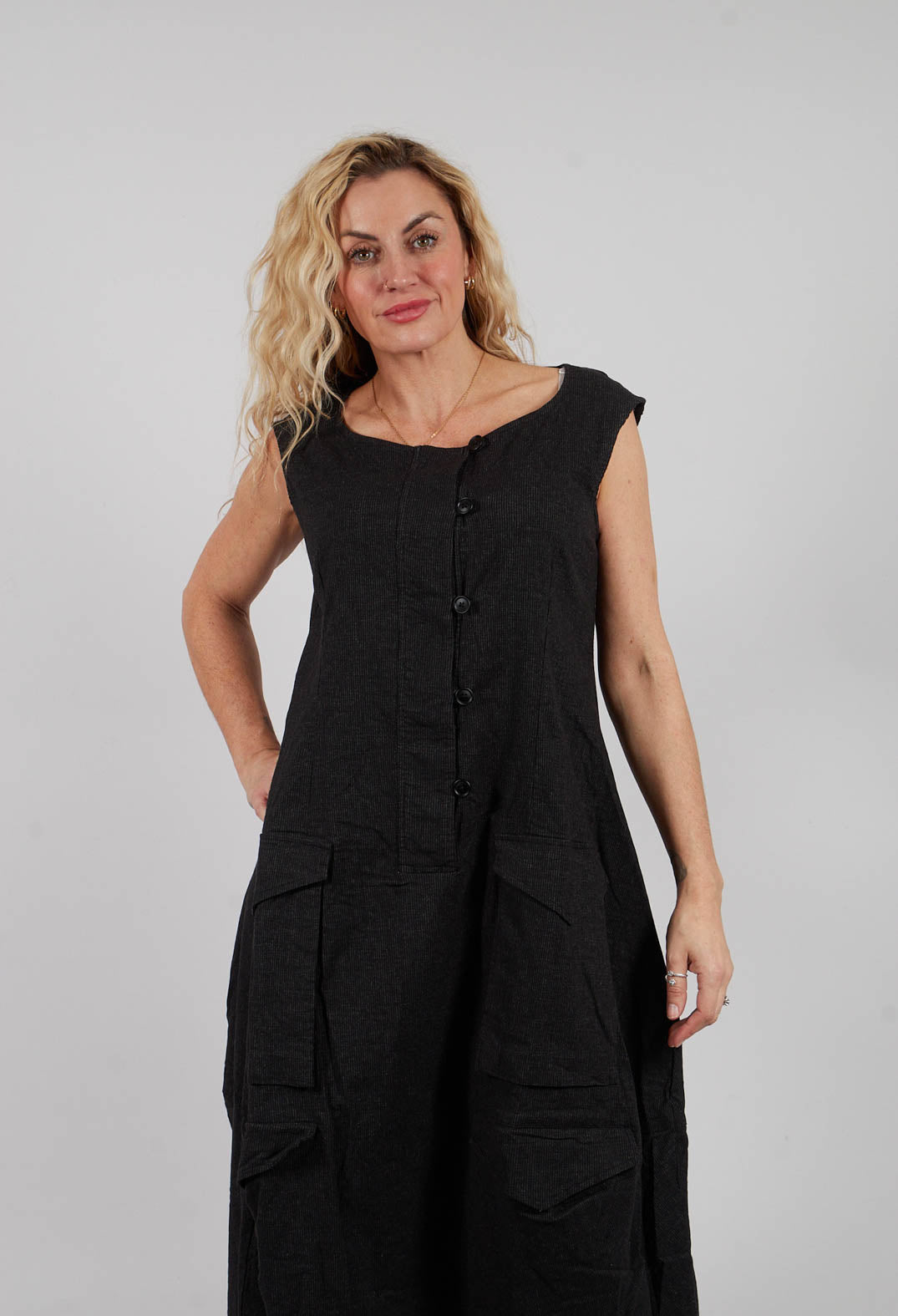 Sleeveless Tulip Hem Dress in Black Stripe - 3410903