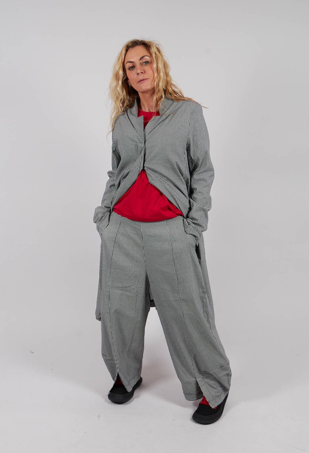 Pull On Balloon Leg Trousers in Black Off White Check - 3440130