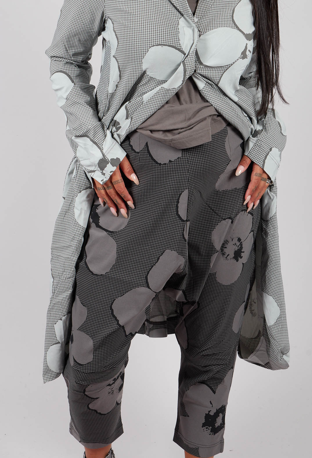 Pull On Drop Crotch Trousers in Black Print - 3440111