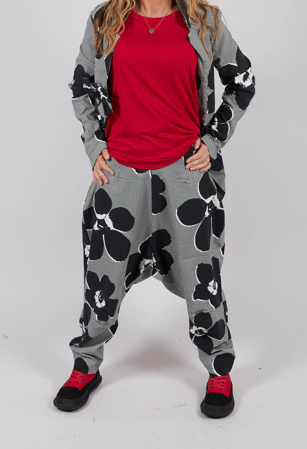 Pull On Drop Crotch Trousers in Black Off White Print - 3440111