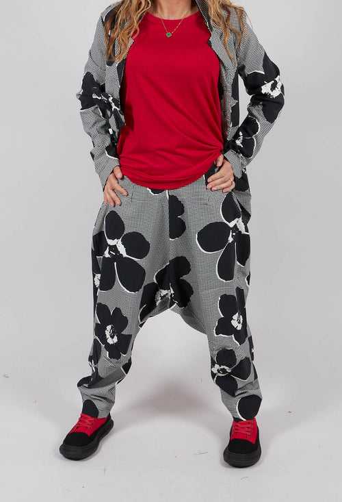 Pull On Drop Crotch Trousers in Black Off White Print - 3440111