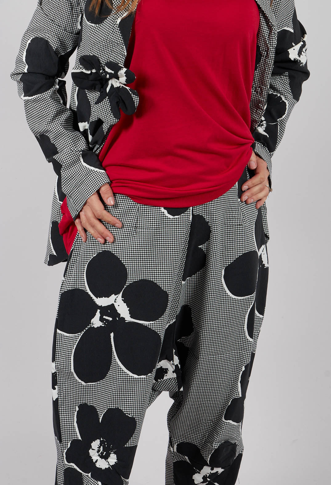 Pull On Drop Crotch Trousers in Black Off White Print - 3440111