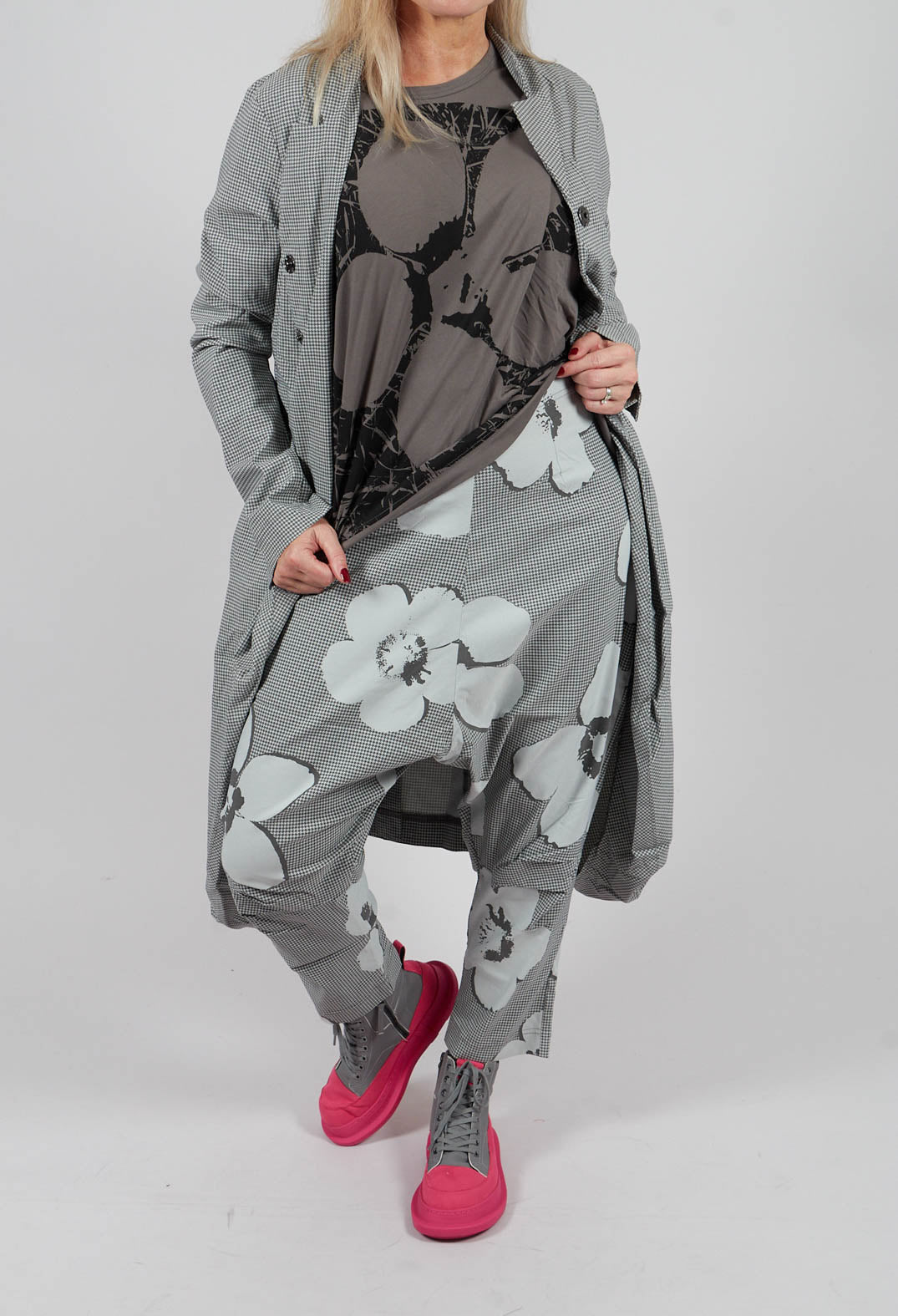 Pull On Drop Crotch Trousers in Dark Grey Print - 3440111