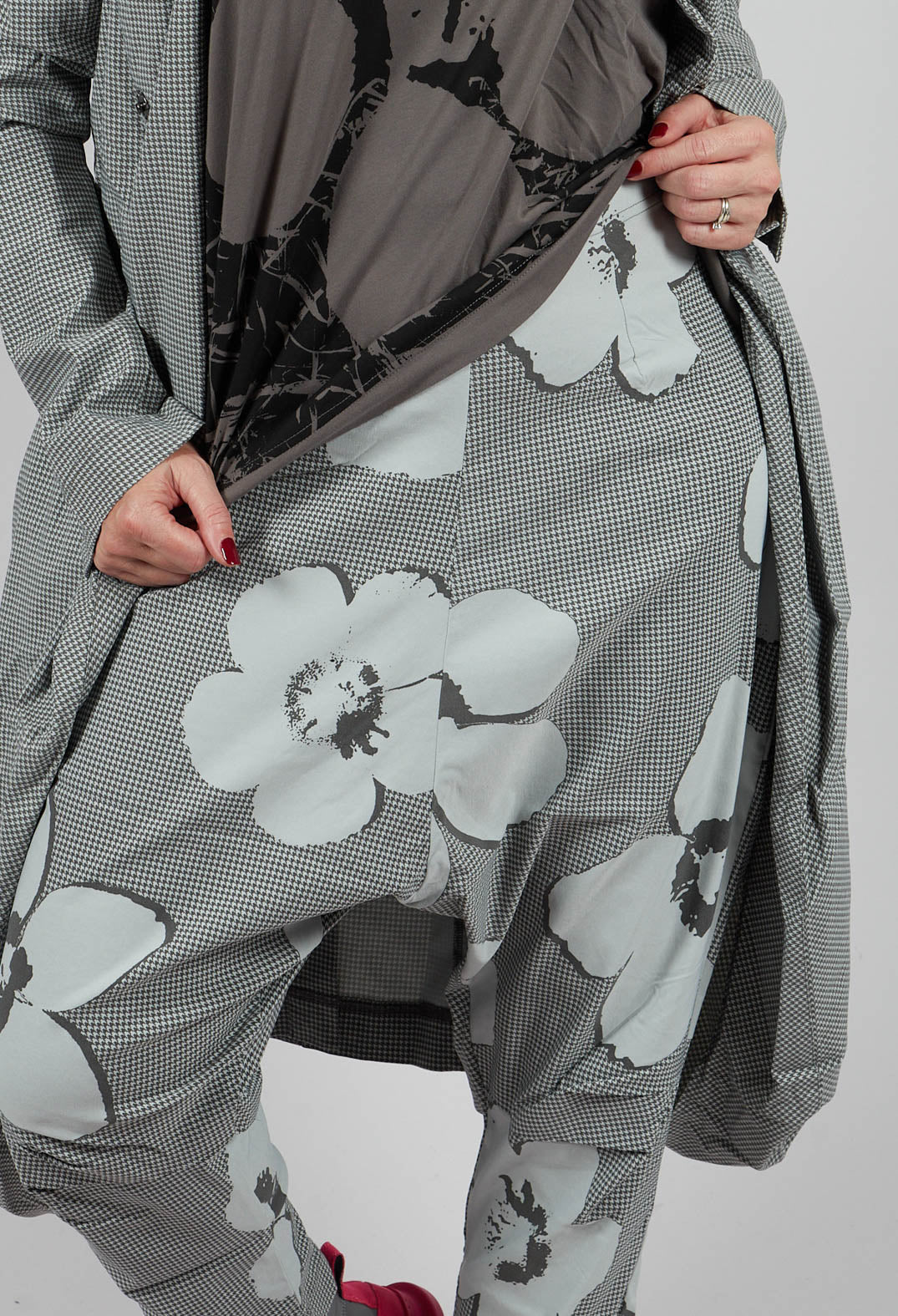 Pull On Drop Crotch Trousers in Dark Grey Print - 3440111