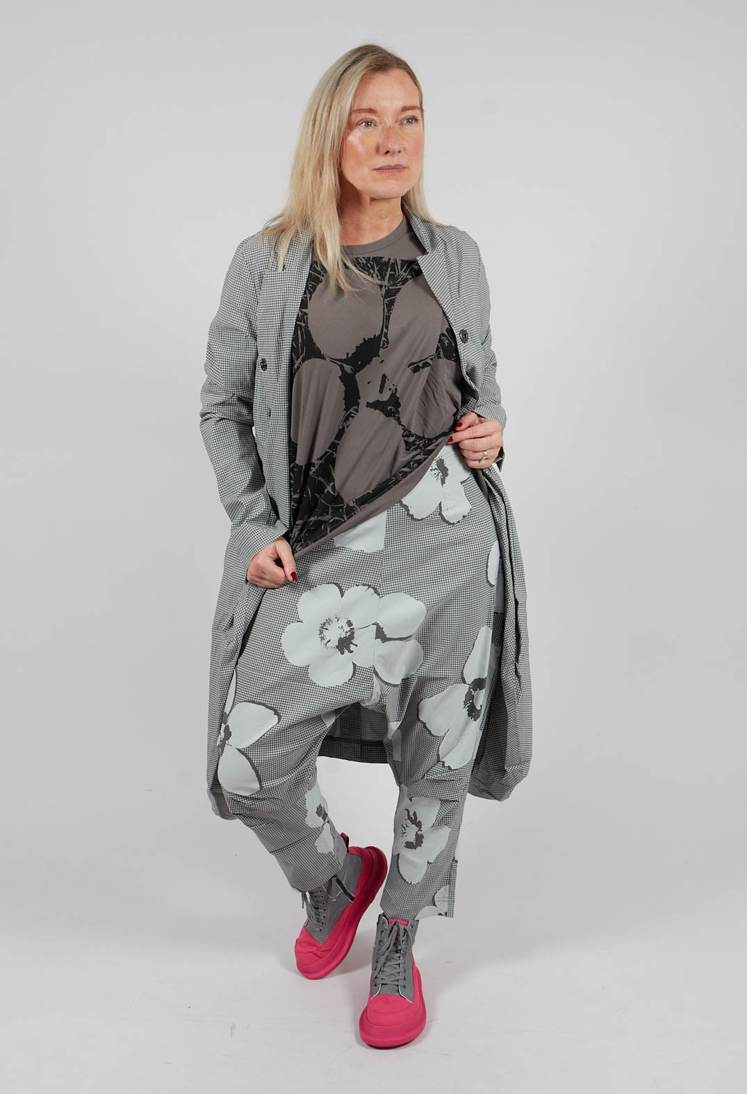 Pull On Drop Crotch Trousers in Dark Grey Print - 3440111
