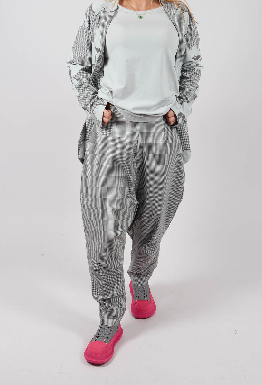 Pull On Drop Crotch Trousers in Dark Grey Check - 3440131