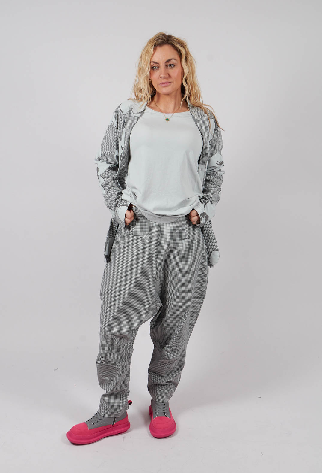 Pull On Drop Crotch Trousers in Dark Grey Check - 3440131