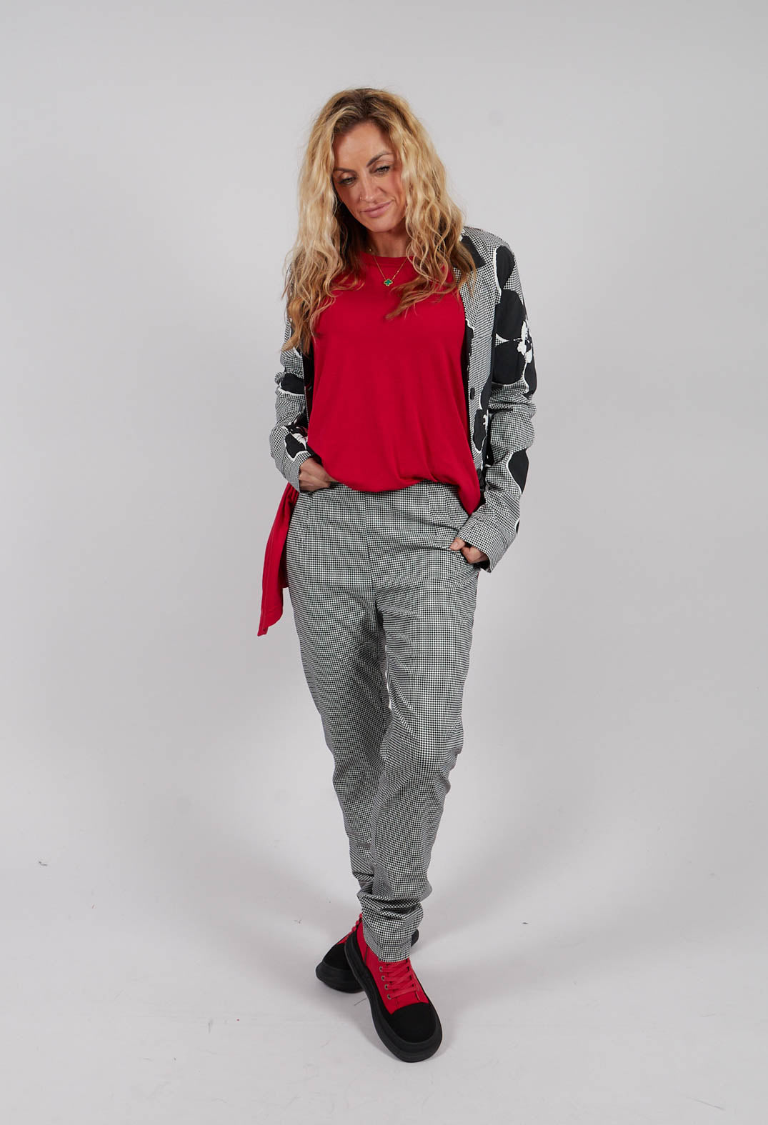 Pull On Skinny Fit Trousers in Black Off White Check - 3440132