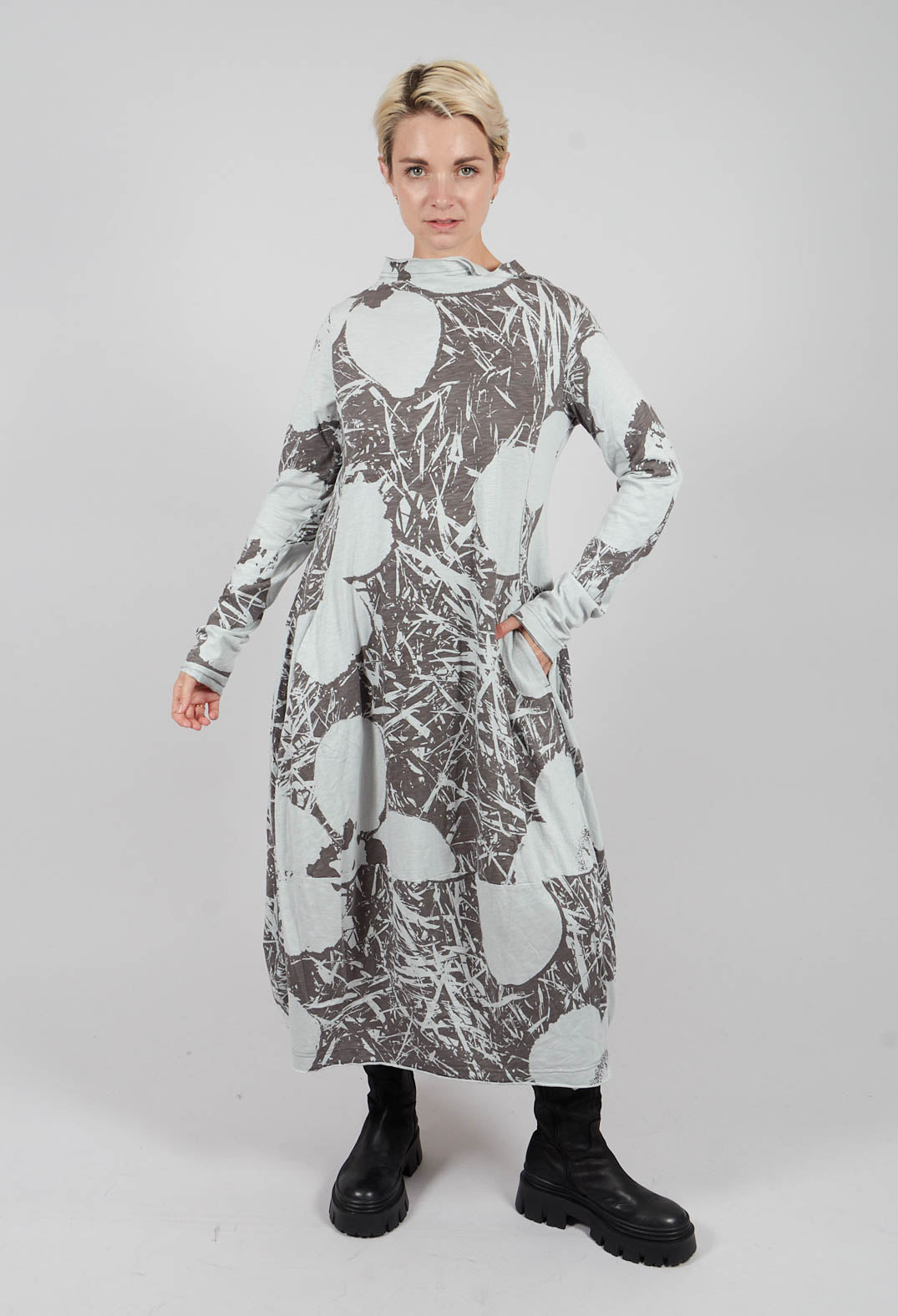High Neck Jersey Dress in Dark Grey Print - 3640905