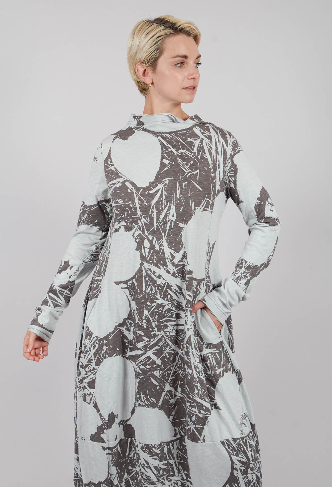 High Neck Jersey Dress in Dark Grey Print - 3640905