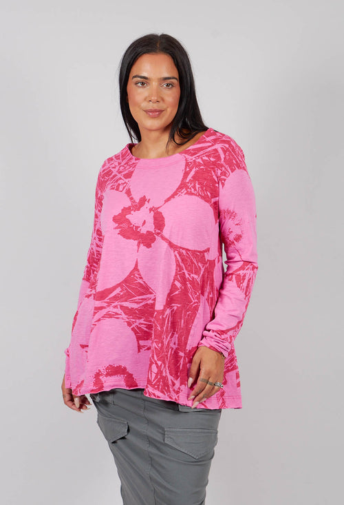 Long Sleeve T-Shirt with Flared Hem in Lotus Print - 3640506