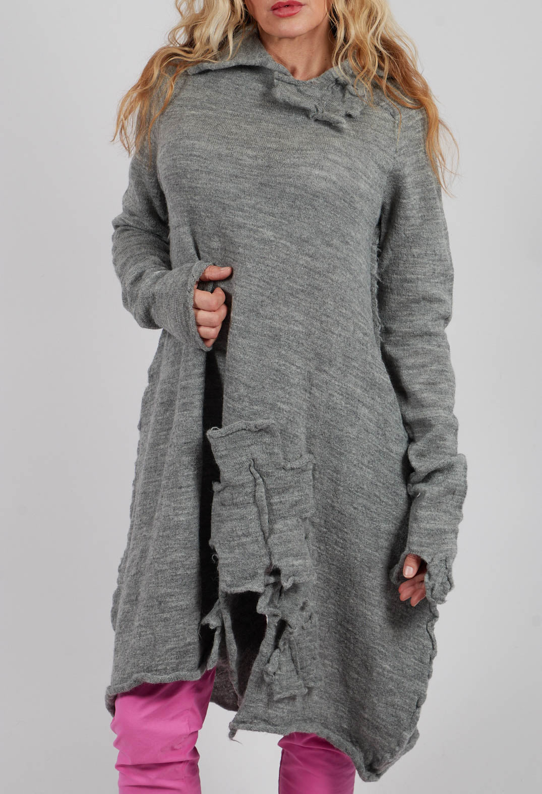 Knitted Dress with Fabric Embellishment in Dark Grey - 3897007