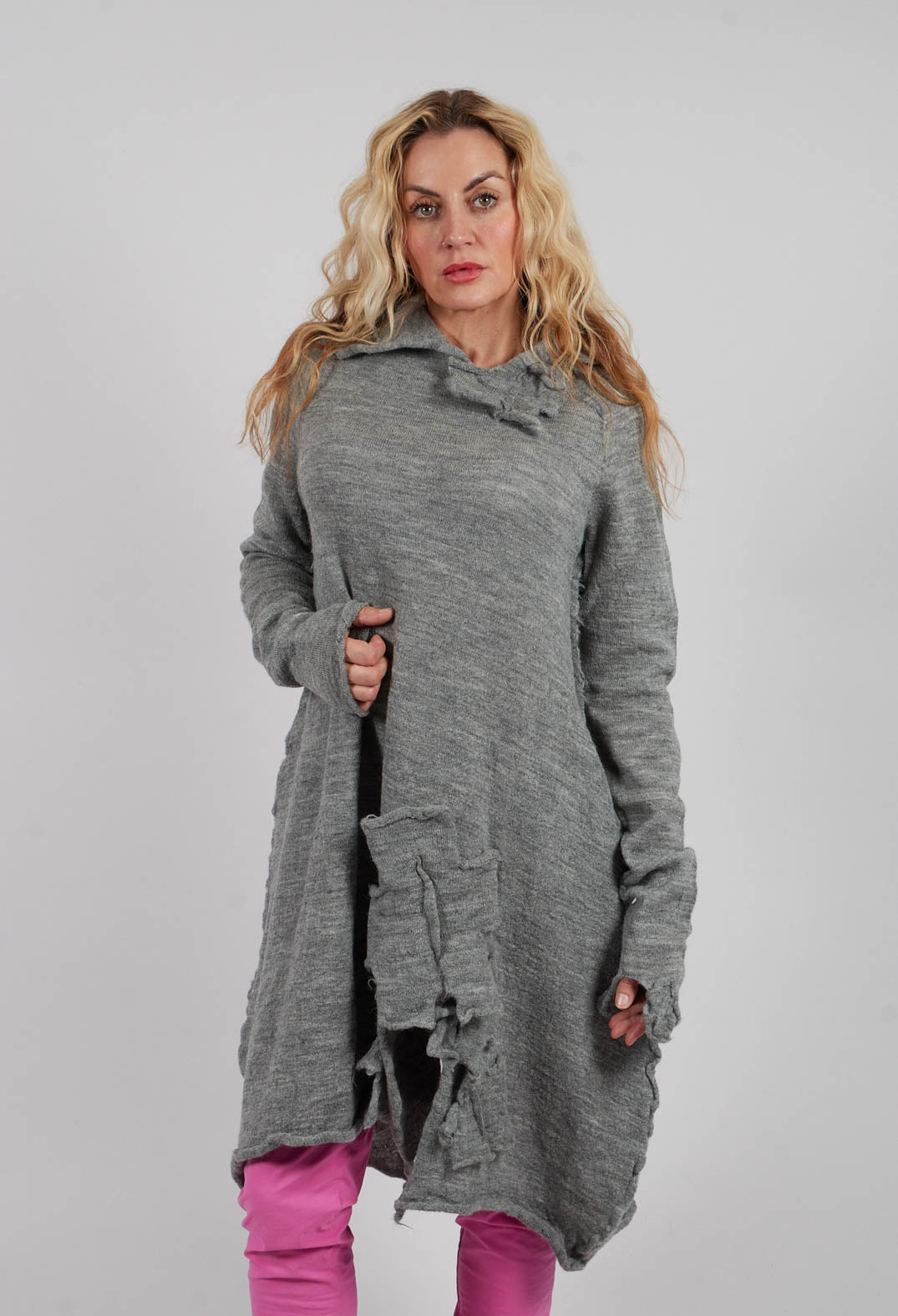 Knitted Dress with Fabric Embellishment in Dark Grey - 3897007