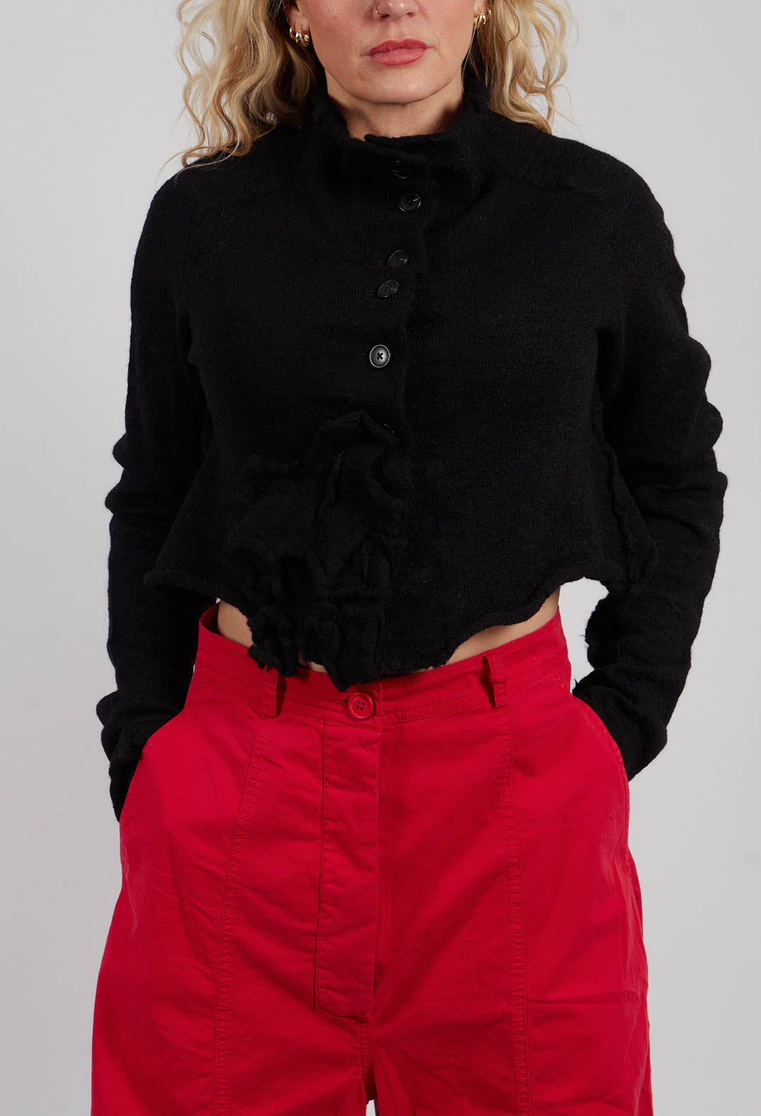 Cropped Cardigan with Fabric Embellishment in Black - 3897108