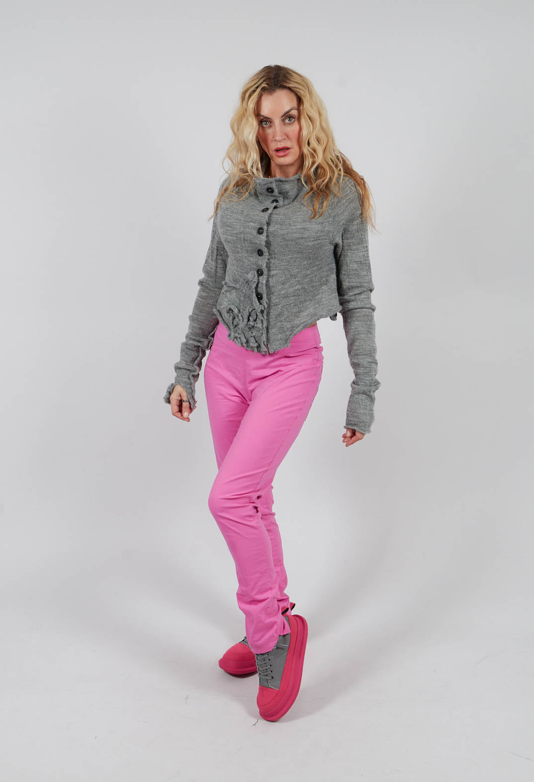 Cropped Cardigan with Fabric Embellishment in Dark Grey - 3897108