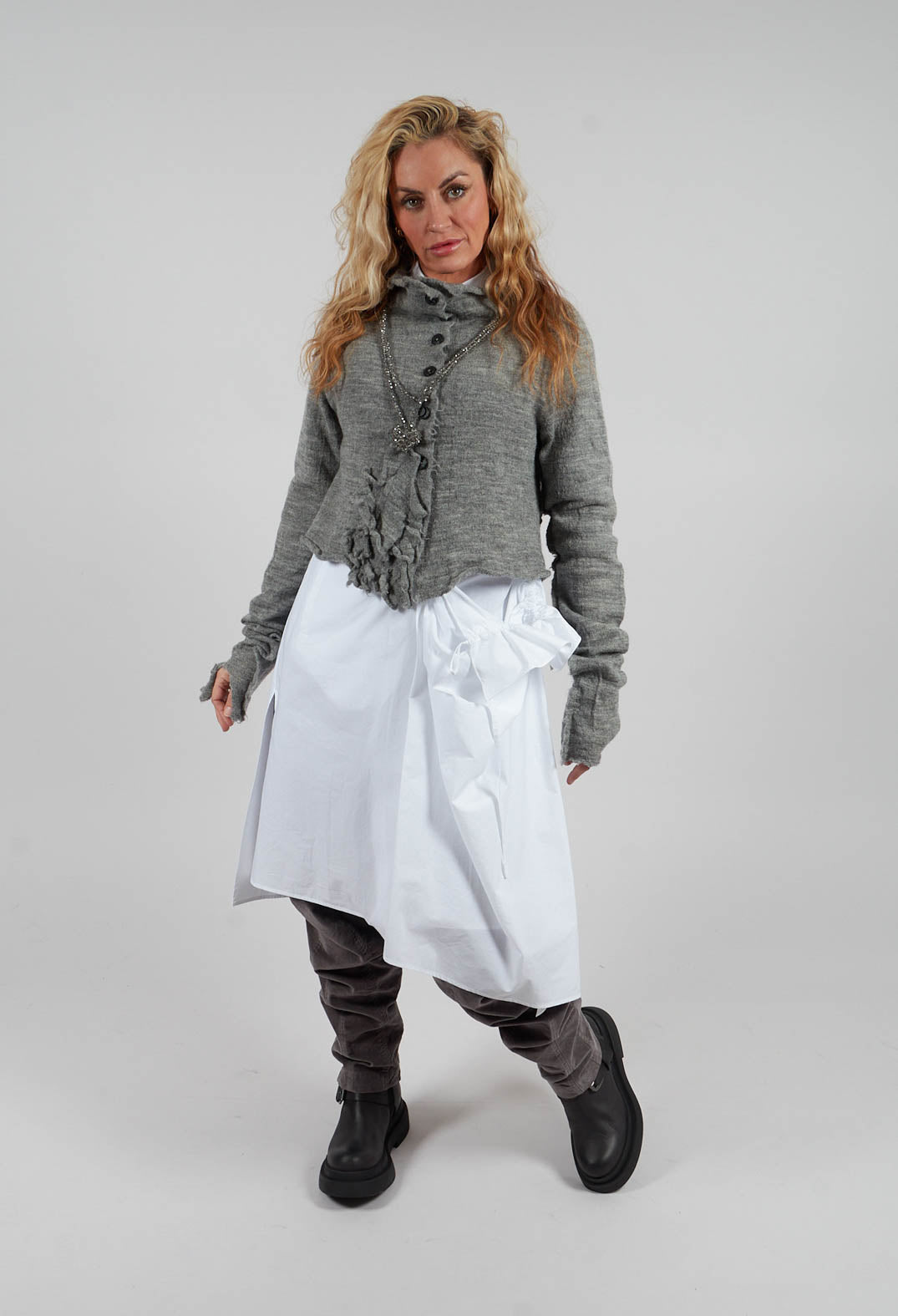 Cropped Cardigan with Fabric Embellishment in Dark Grey - 3897108