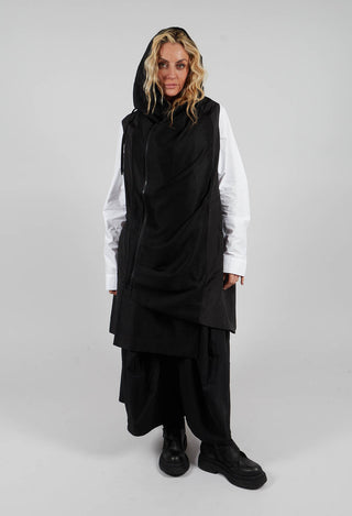 Long Hooded Sleeveless Jacket in Black