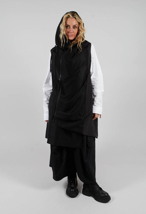 Long Hooded Sleeveless Jacket in Black