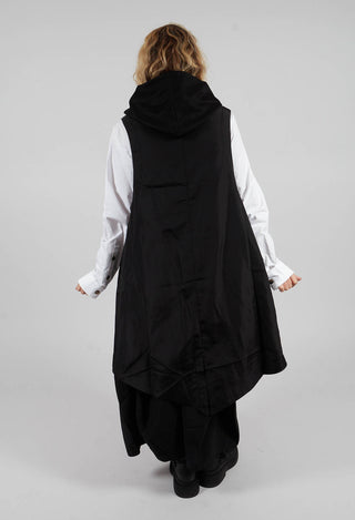 Long Hooded Sleeveless Jacket in Black