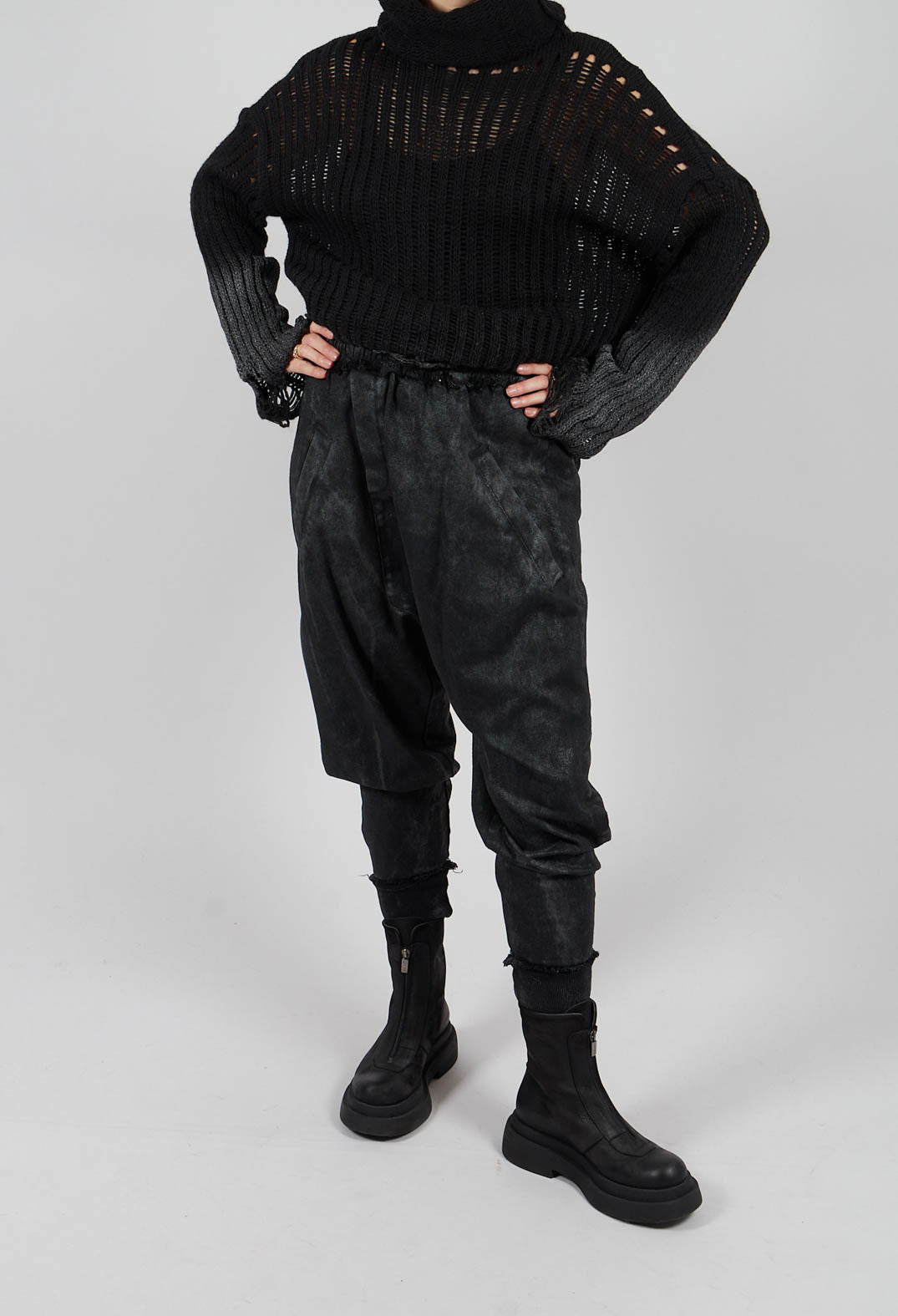 Drop Crotch Trousers with Cuffs in Laminated Black