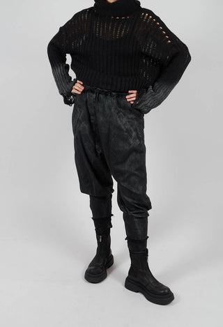 Drop Crotch Trousers with Cuffs in Laminated Black