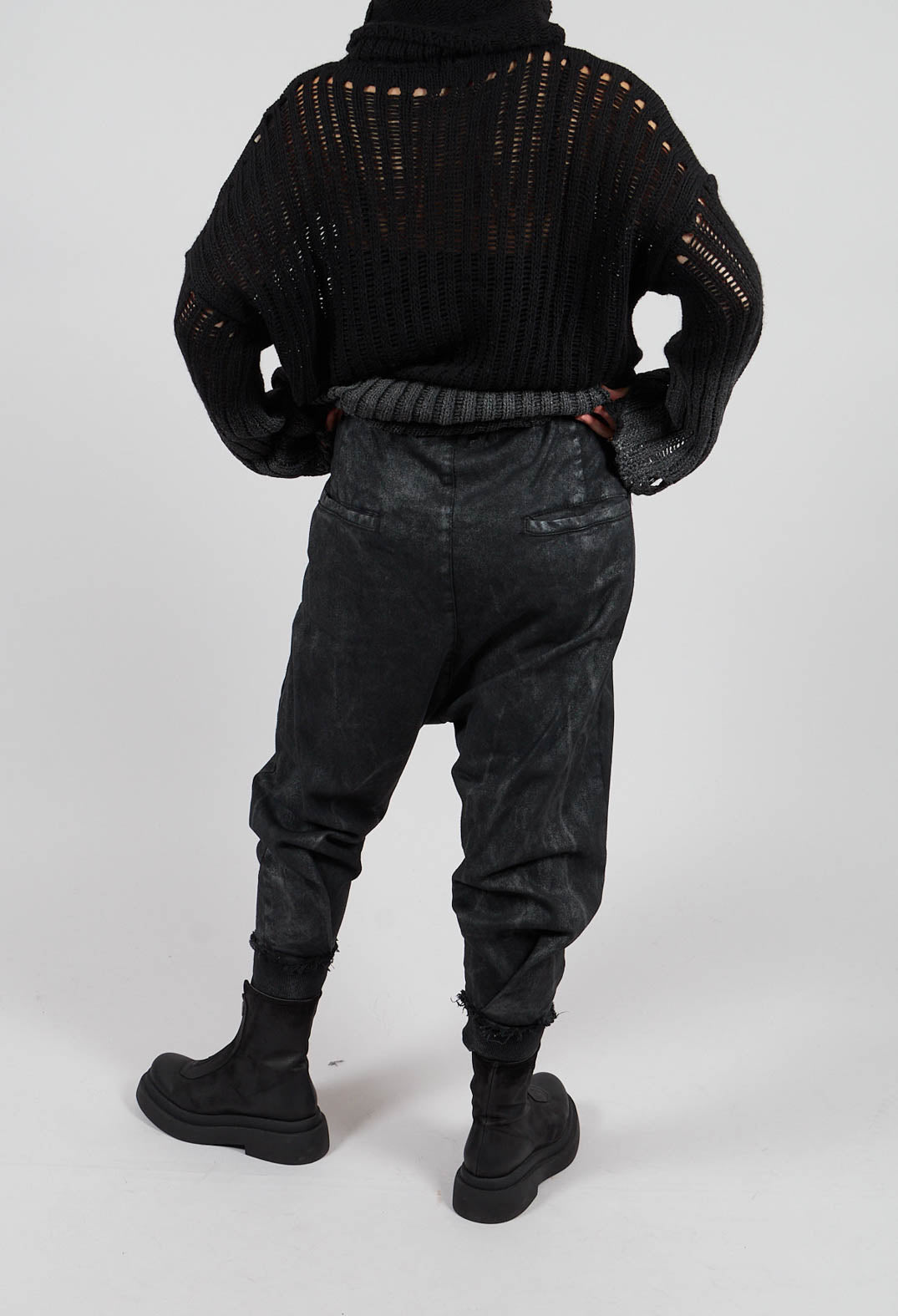 Drop Crotch Trousers with Cuffs in Laminated Black