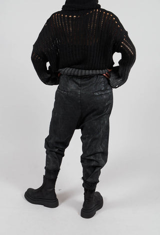 Drop Crotch Trousers with Cuffs in Laminated Black