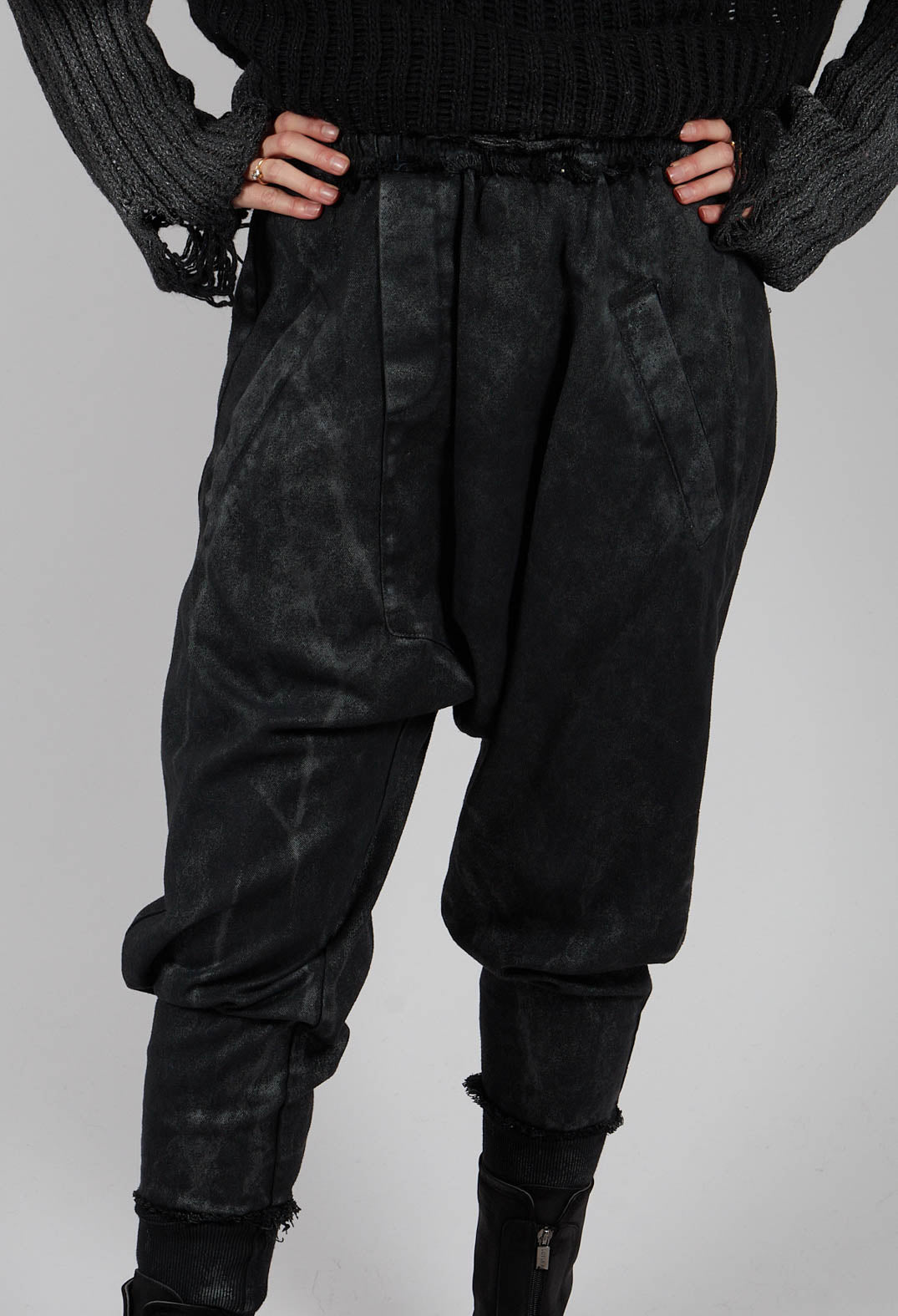 Drop Crotch Trousers with Cuffs in Laminated Black