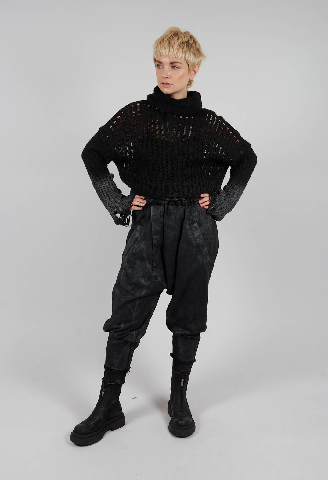 Drop Crotch Trousers with Cuffs in Laminated Black