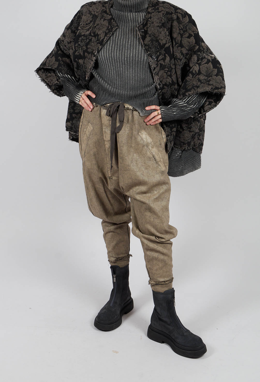 Drop Crotch Trousers with Cuffs in Laminated Brown