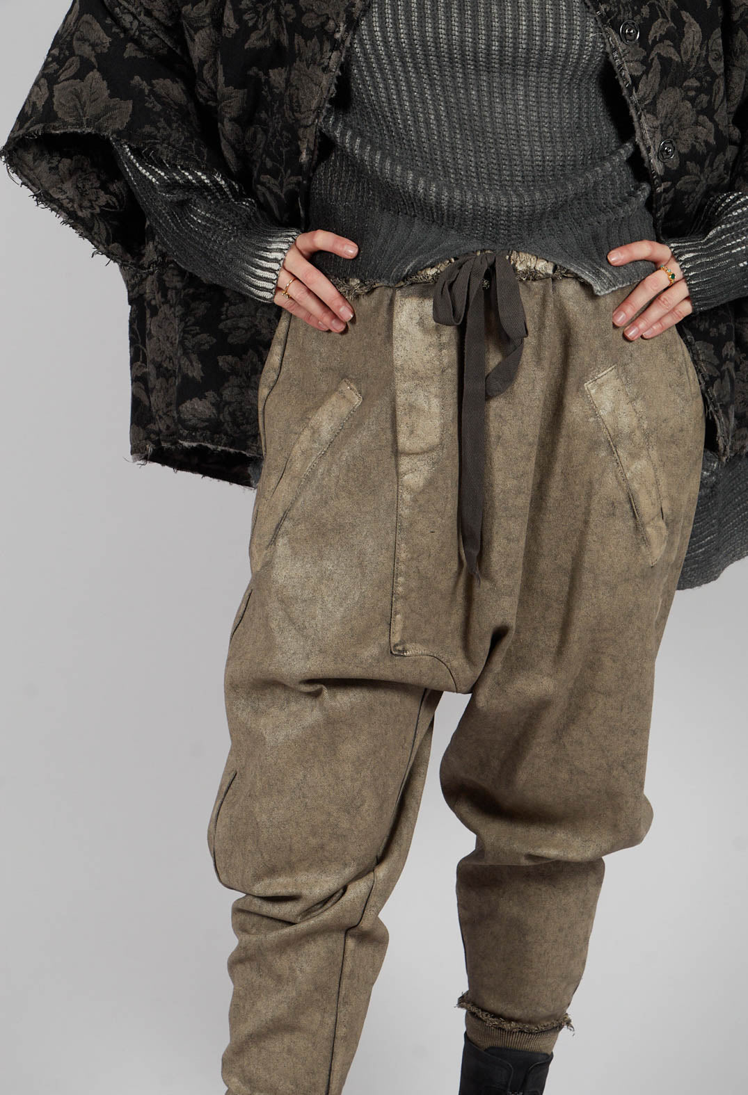 Drop Crotch Trousers with Cuffs in Laminated Brown