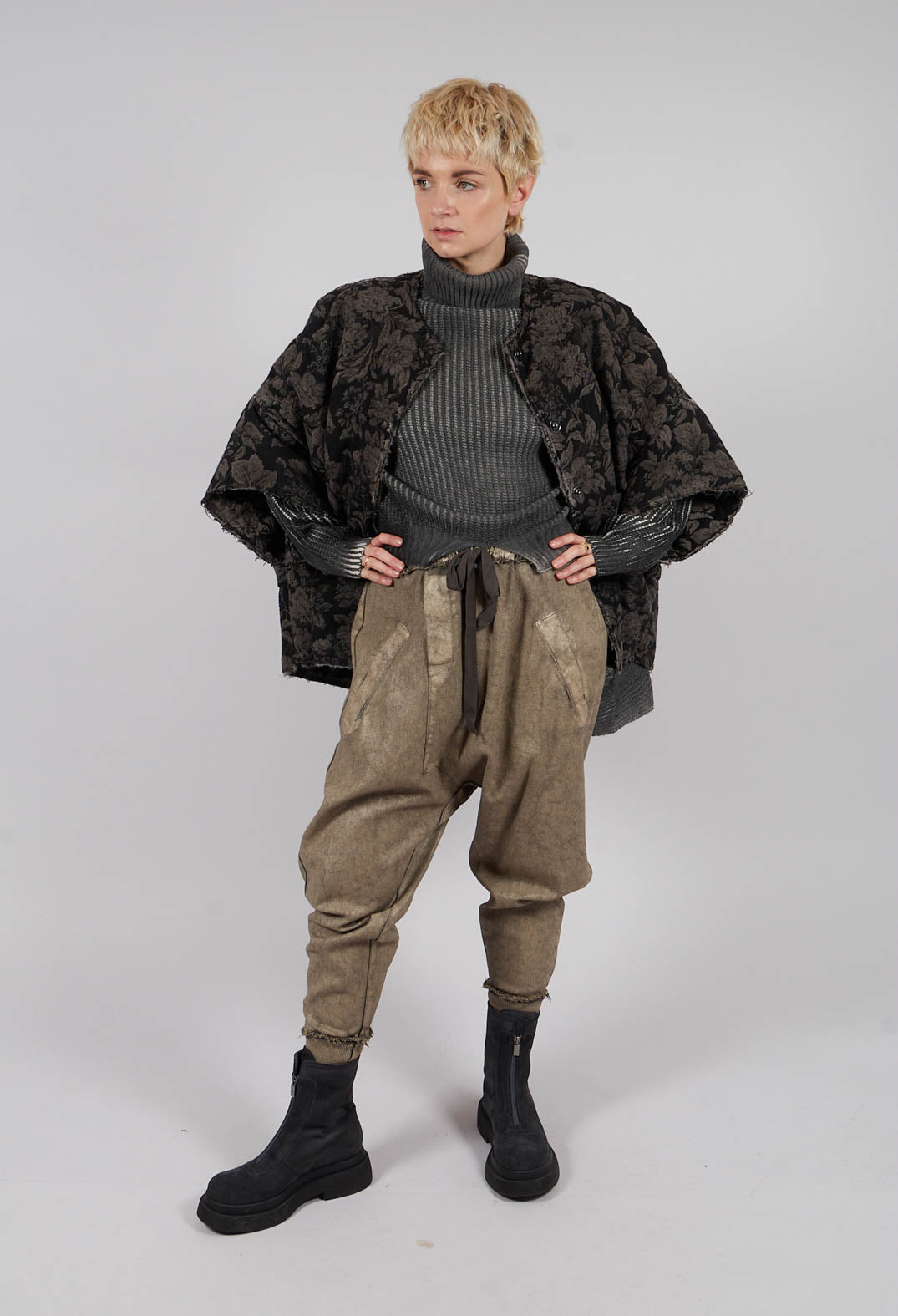 Drop Crotch Trousers with Cuffs in Laminated Brown