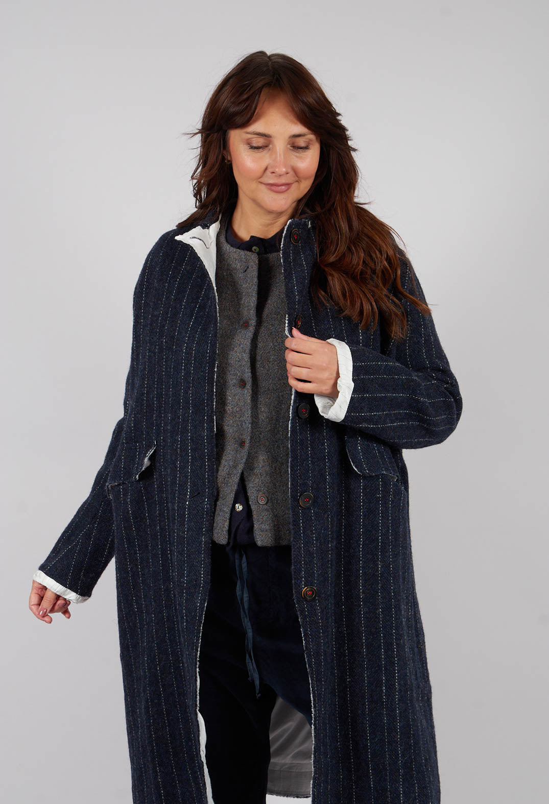 Mabel Coat in Navy Pinstripe
