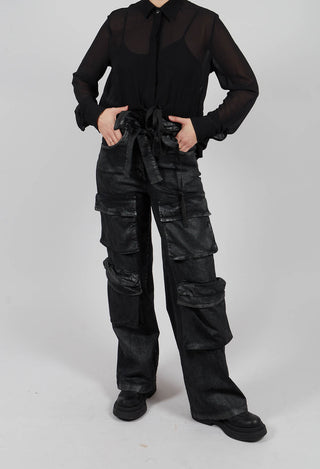 Wide Fit Gabardine Cotton Trousers in Coated Black