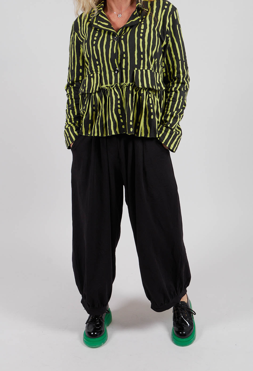 Relaxed Fit Trousers in Black with Lime Insert