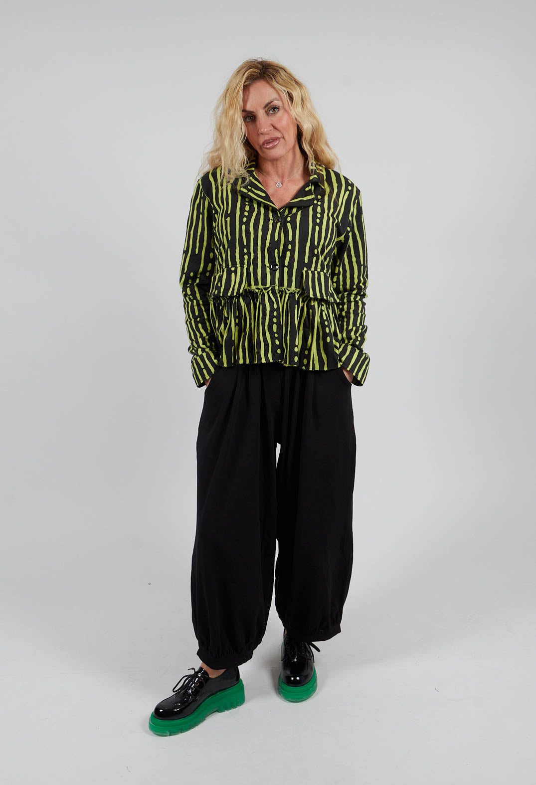 Relaxed Fit Trousers in Black with Lime Insert